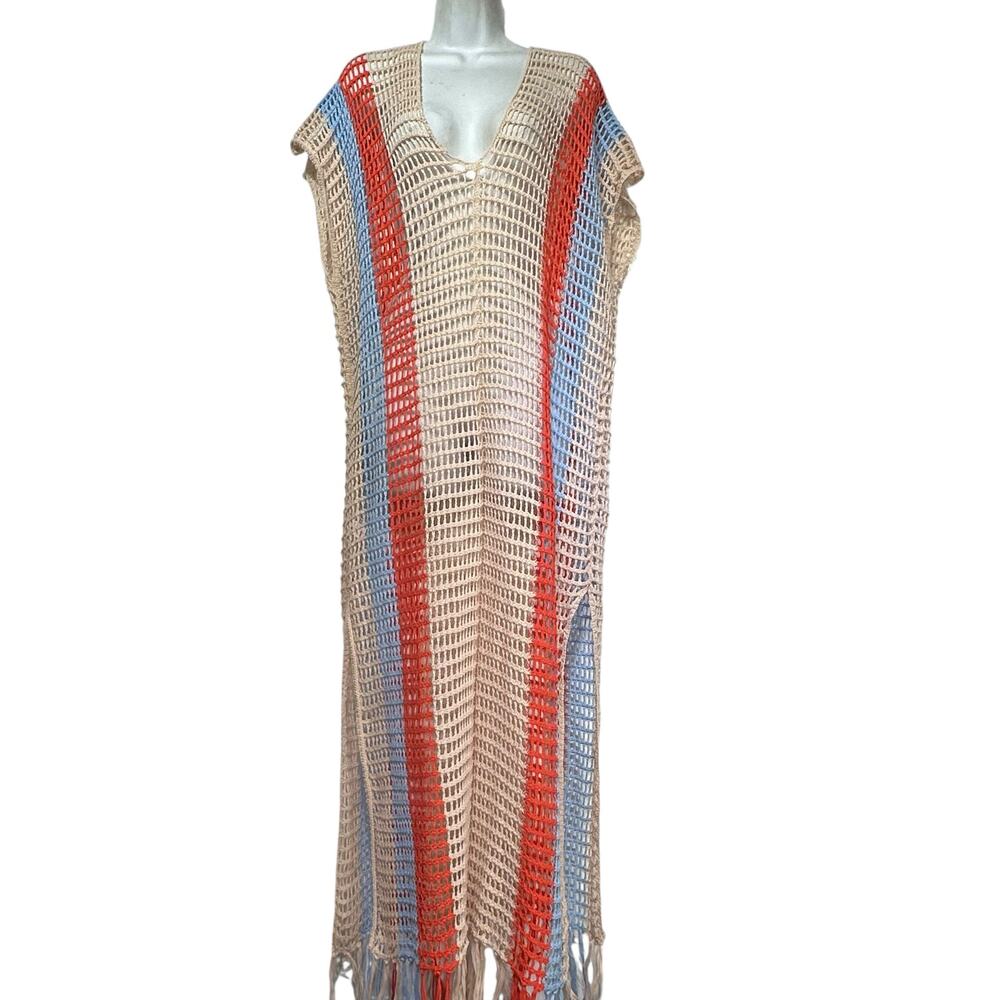 Crochet Maxi Dress Open Knit Beach Cover Up Boho Festival color block OS
